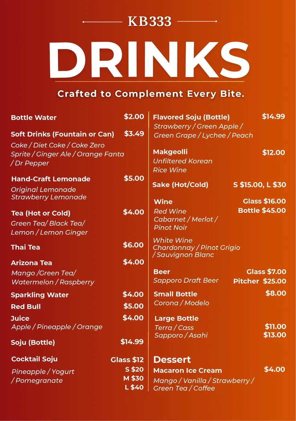 KB333 drinks menu featuring soju, makgeolli, beer, wine, sake, teas and soft drinks