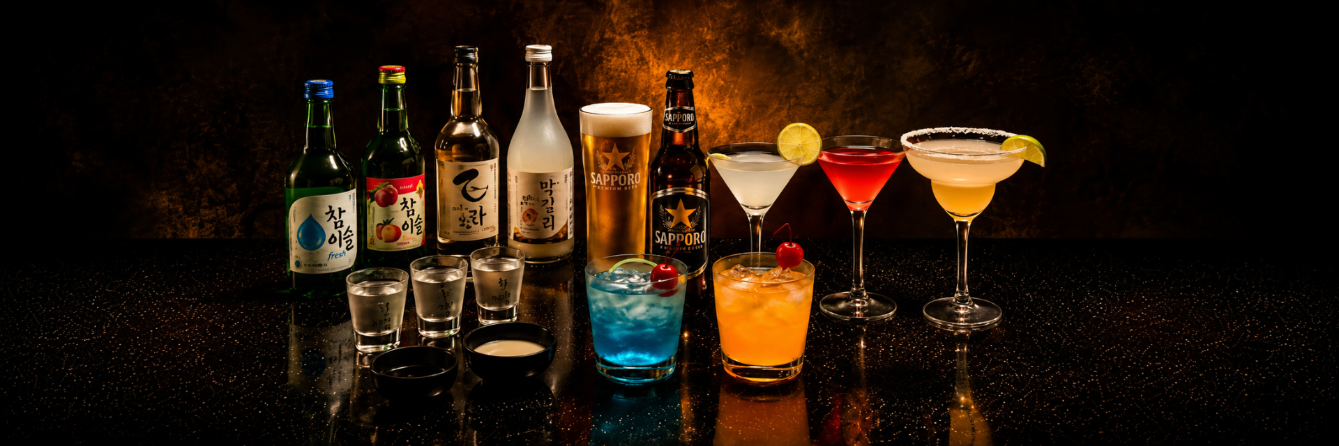 Selection of Korean sojus, Sapporo beer, and signature cocktails at KB333