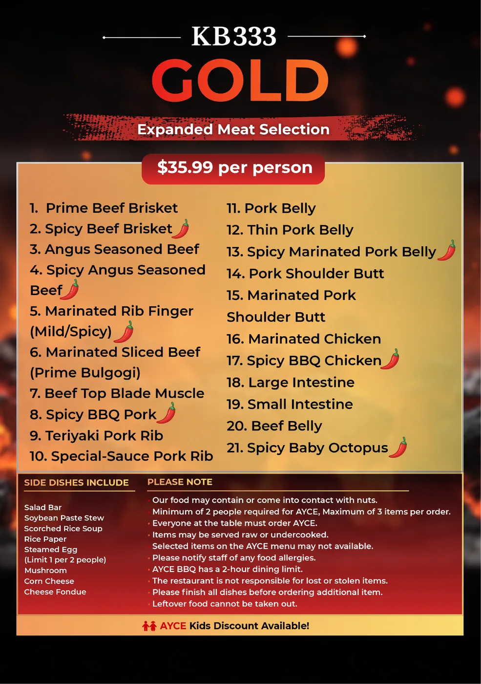 KB333 Gold all-you-can-eat Korean BBQ menu, $35.99 per person, 21 cuts of beef, pork and chicken
