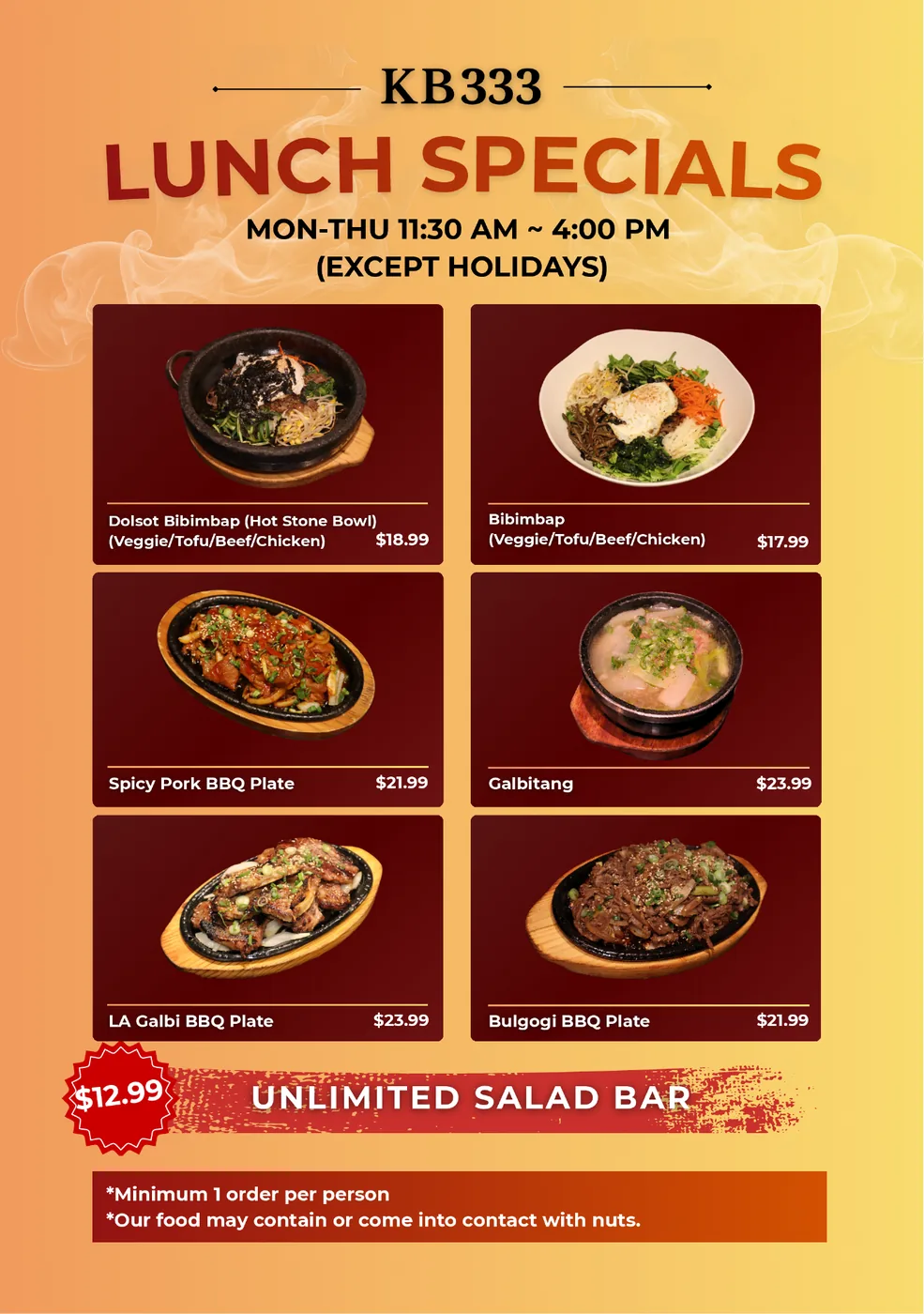 KB333 lunch specials menu with bibimbap, galbitang, LA galbi, bulgogi and spicy pork plates