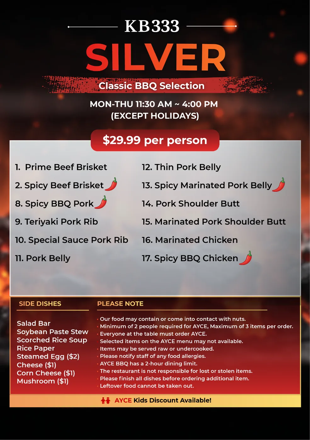KB333 Silver all-you-can-eat Korean BBQ menu, $29.99 per person, 17 classic beef, pork and chicken cuts