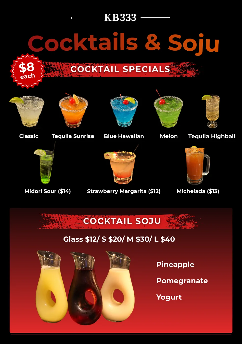 KB333 cocktails and soju menu with margaritas, michelada and pineapple, pomegranate and yogurt soju