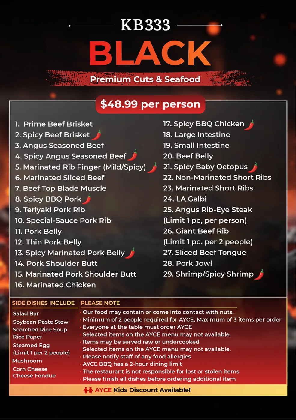KB333 Black all-you-can-eat Korean BBQ menu, $48.99 per person, 29 premium cuts and seafood